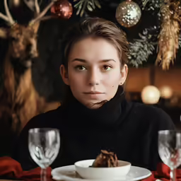 a woman sitting at a table with a plate