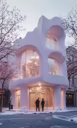 two people standing outside a large white building