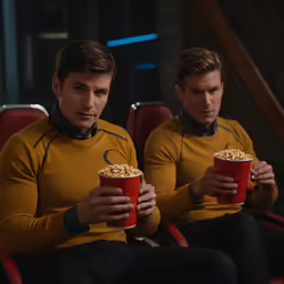 two young men in uniform are eating popcorn