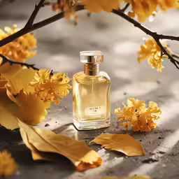 a bottle sitting next to flowers and leaves