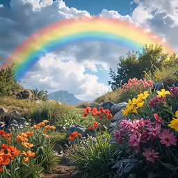 a rainbow is shining in the distance with flowers on it