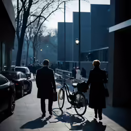 two people walk down a sidewalk with their bicycles