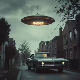 the car is sitting under a suspended light in a dark street