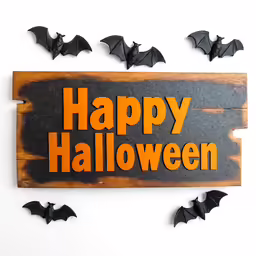 a sign that says happy halloween with some bats