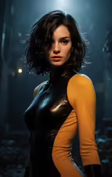 a woman with dark skin and a tight black leather dress