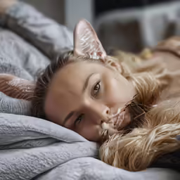 a woman in grey bedding with her dog