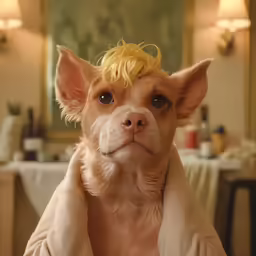 a dog is standing on the couch with a robe