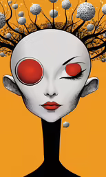a painting of a person with red eyes