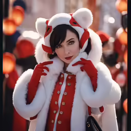 a woman in a costume holding onto her hat