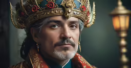 a man in fancy clothes and crown posing for a photo