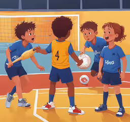 cartoon showing group of kids in sports wear,the illustration shows three young boys fighting for a ball on a basketball court