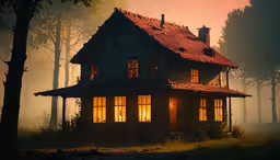a foggy cabin in the woods with windows lit up,a foggy, dimly lit house surrounded by trees in the woods