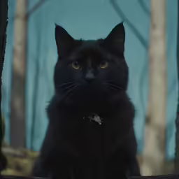 black cat looking straight ahead while standing in a forest
