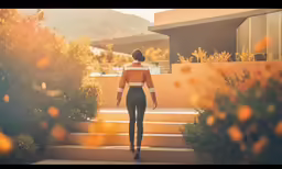 a woman walking down a path to a house