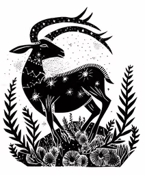 a black and white painting of a horned animal in the forest,an ink drawing of a ram in the woods