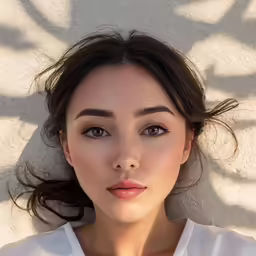 a young woman poses for a portrait while wearing a white blouse