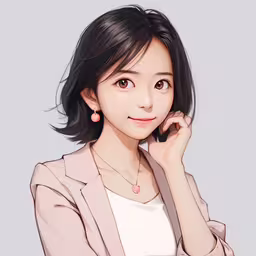 a japanese girl smiling with her hand to her chin,a woman with a necklace on is posing