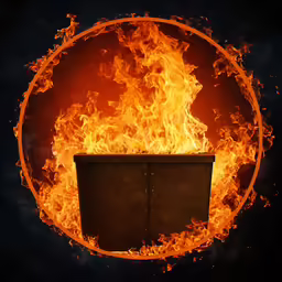 a box in the middle of a fire on a black background