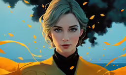 the image shows a woman in black and yellow, wearing a yellow outfit