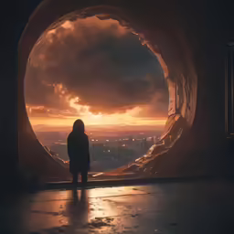 a girl looking out into a tunnel of clouds
