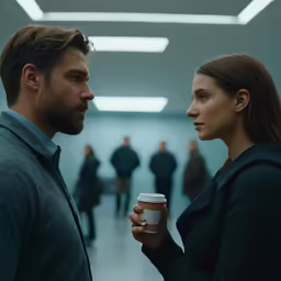 a man and woman talking in a room with other people