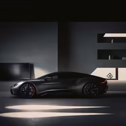 an electric sports car sits in a dimly lit room