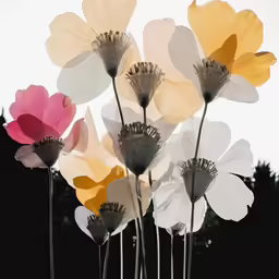 different colored flowers in vase with black trees behind