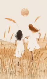 two little girls running across a field with grass