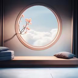 a window with a sky view is set in a niche