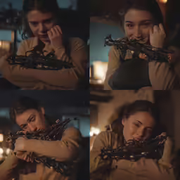 a girl covers her mouth with the hands of an arm that has chains on it and is tied up in front of her