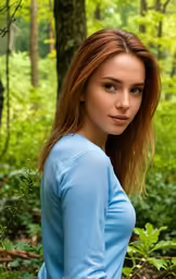 the woman is posing with her arms behind her back