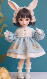 a doll in a dress and bunny ear hat holding a finger
