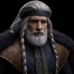 a character is wearing a black outfit with a grey beard and long white hair