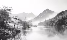 a lake surrounded by pine trees and mountains