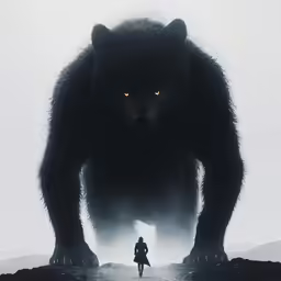 a person and a bear standing in front of a foggy background