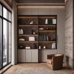 an empty room is shown with a wooden shelving