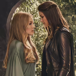 two beautiful young women talking together under a tree