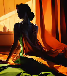 a woman wearing a tank top in silhouette,a woman in a flowing dress sits in a light - filled room