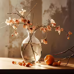 a vase with flowers and peaches on the side