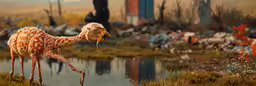 a giraffe with long legs standing next to a pond
