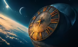 a clock in the foreground and the earth in the background