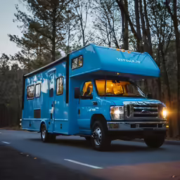 a large blue trailer parked on the side of a road