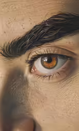 the brown eye has long black eyebrows
