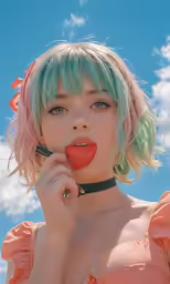 the woman is wearing an orange dress and her lips are red