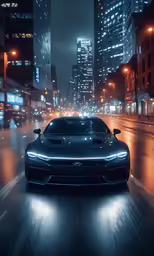 a dark car speeding down the road at night