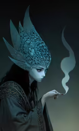 a woman dressed in costume is smoking a pipe