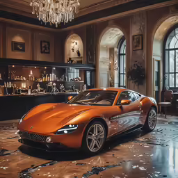 a sports car sits in a very large room