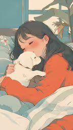 a girl is laying in bed hugging her dog,a person laying in bed with a dog