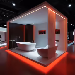 a bathroom with a big bathtub next to a red light
