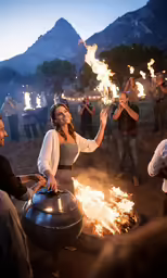 a woman holding a kebab while standing on a big ball with some fire in it